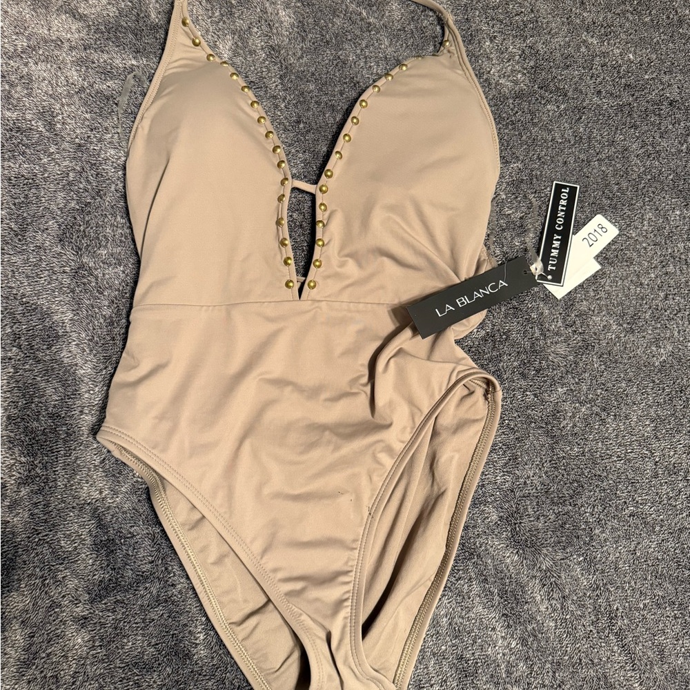 La Blanca Tan One-Piece Swimsuit with Gold Accents